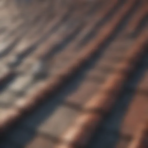 Detailed view of a damaged roof showing various types of damage.