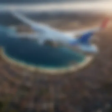 An aerial view of a picturesque travel destination from an airplane.