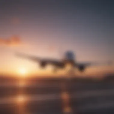 A serene view of an airplane taking off against a vibrant sunset.