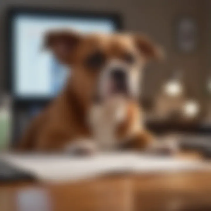 A dog owner analyzing financial documents related to insurance