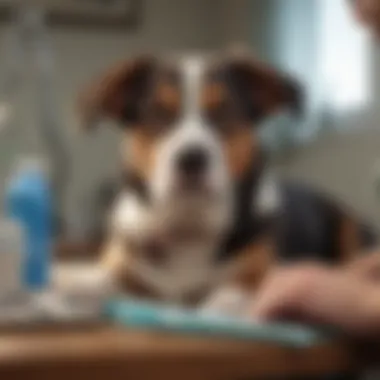 A close-up of a dog receiving medical care