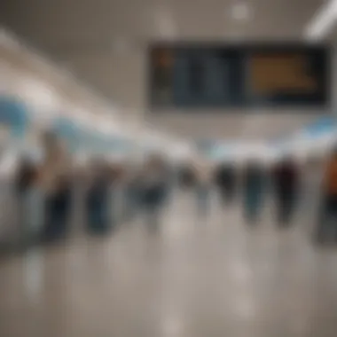 A crowded airport terminal with signage about health protocols.