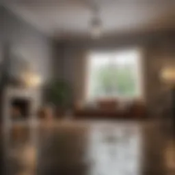A flooded living room with water on the floor