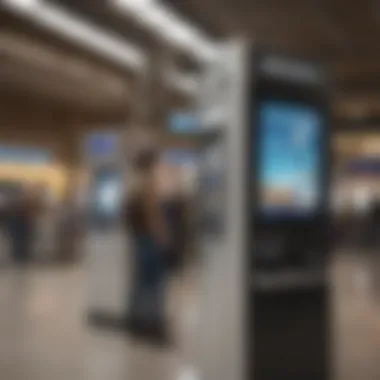 A bustling currency exchange kiosk in an airport