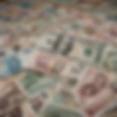 A close-up of different foreign currency notes