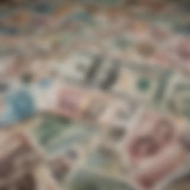 A close-up of different foreign currency notes