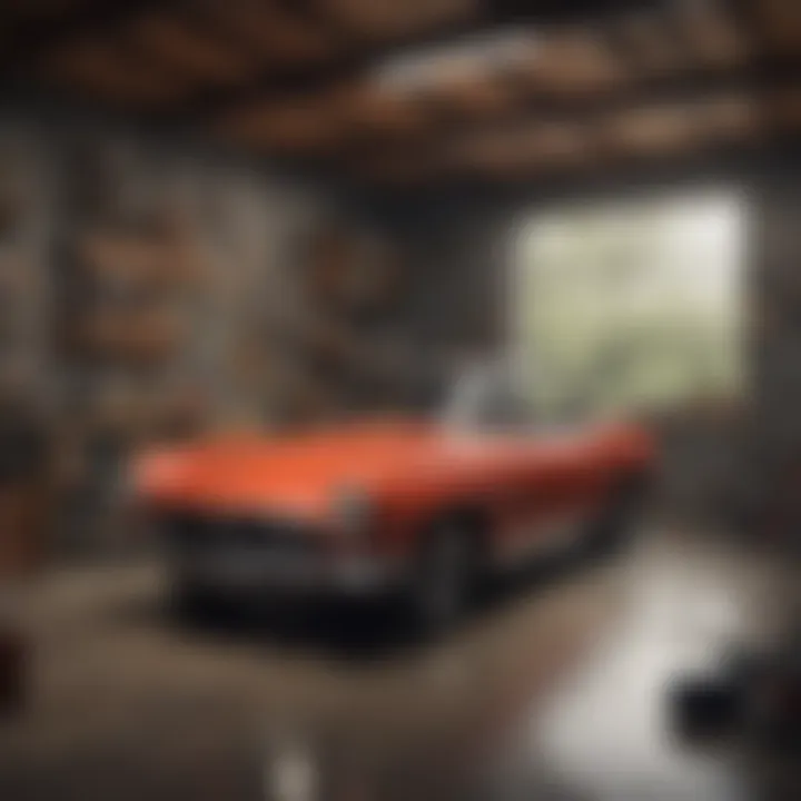 A classic car in a garage surrounded by tools and memorabilia