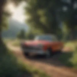 A vintage car parked in a scenic landscape