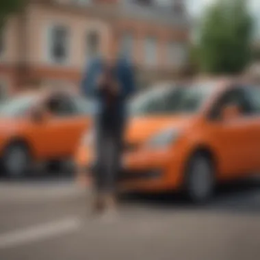 A cheerful driver with keys in hand next to a budget-friendly vehicle