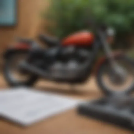 A close-up of a motorcycle with insurance documents spread out