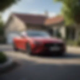 A sleek new car parked in a driveway with a 'For Sale' sign