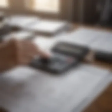 A person analyzing health insurance policy documents with a calculator.