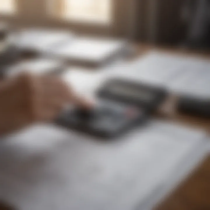 A person analyzing health insurance policy documents with a calculator.