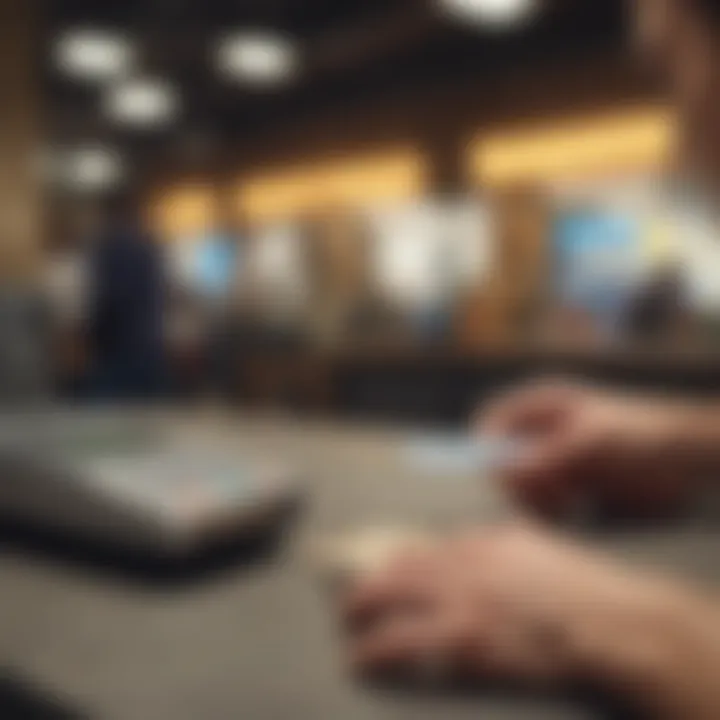 A traveler using a credit card at a foreign currency exchange booth.