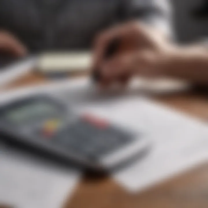 A person reviewing insurance documents with a calculator