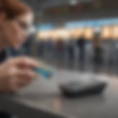 Traveler analyzing phone card options at an airport