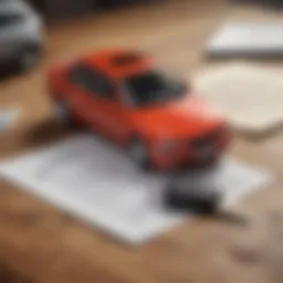 A detailed view of a car key and loan documents on a wooden table.