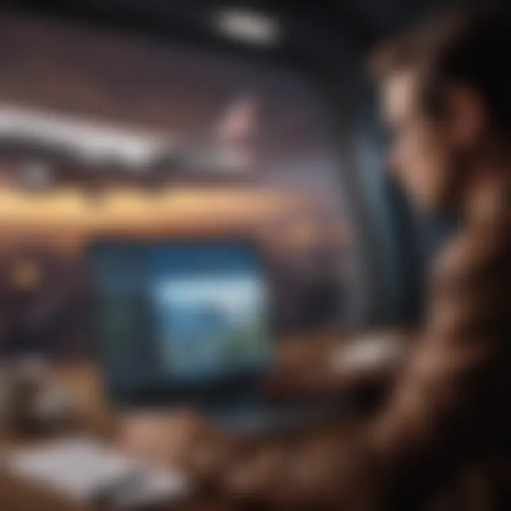 A traveler using a laptop to compare flight prices.