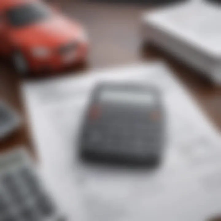 A close-up of a calculator and financing documents representing budgeting for a car.