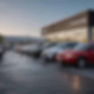 A wide view of a used car dealership displaying various affordable vehicles.