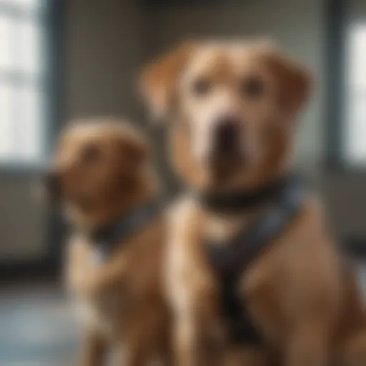 Diverse breeds of service dogs in a training session