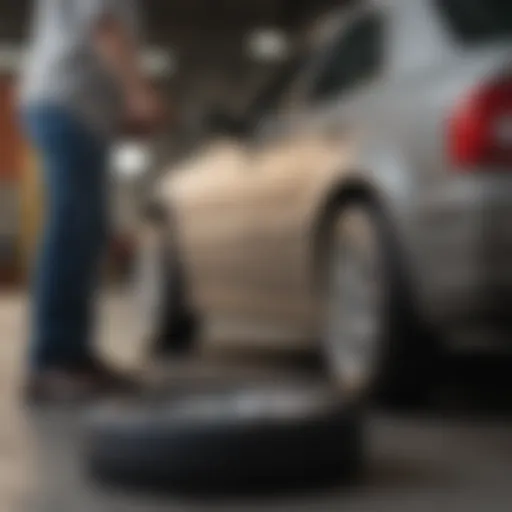 A person examining a used car in a parking lot, showcasing details such as the tires and bodywork.