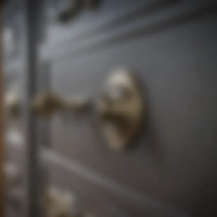 Close-up of a safe deposit box with key and lock