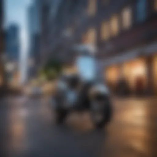 A sleek scooter parked against an urban backdrop