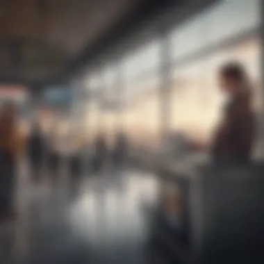 A serene airport scene showcasing travelers at the check-in counter, contemplating their flight options.