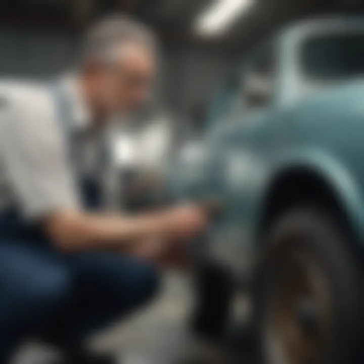 A mechanic inspecting an older vehicle, highlighting repair considerations.