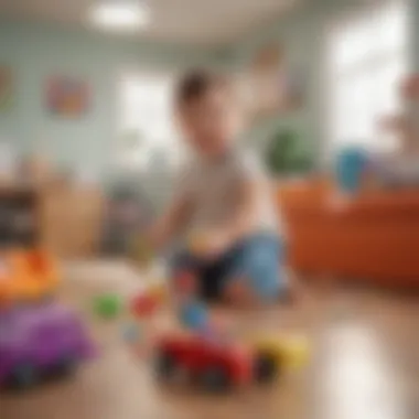 A joyful child playing with toys in a daycare setting.