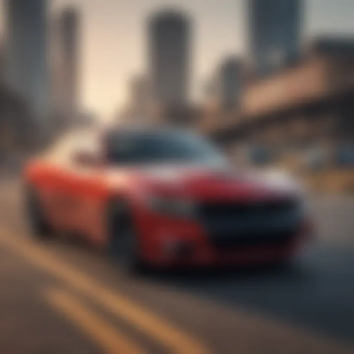 Stylish Dodge Charger RT on a highway with financial graphs overlay