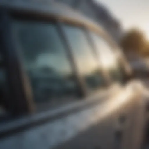 Close-up view of a cracked car window showing the damage