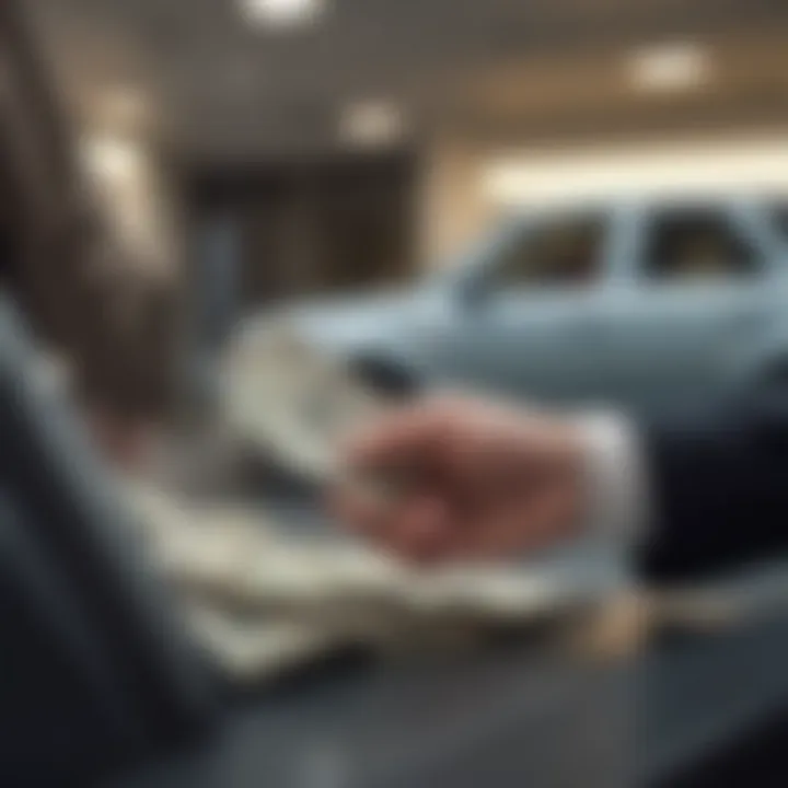 A close-up view of cash being exchanged at a car dealership.