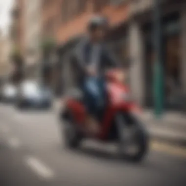 Person riding an electric pedal assist moped in an urban setting