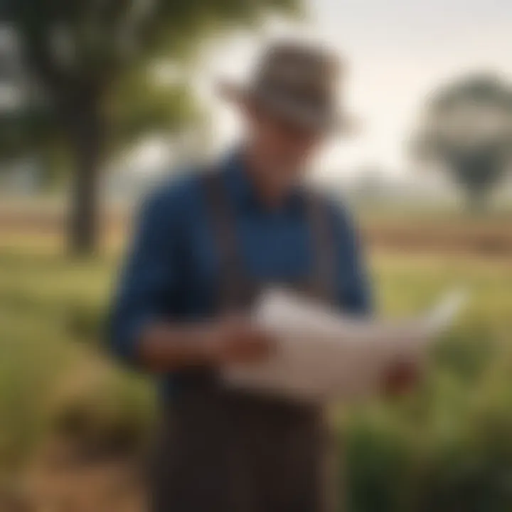 A farmer reviewing insurance documents in a field.