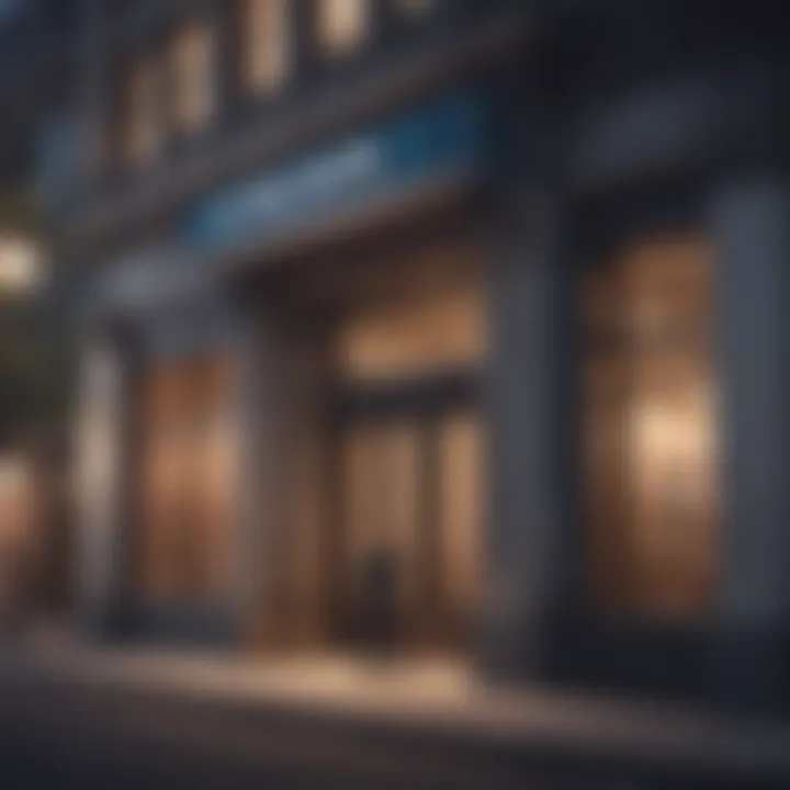 Illustration of a bank building with a focus on customer service