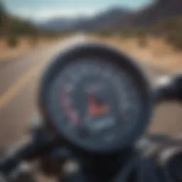 Close-up of a motorcycle's speedometer with a scenic background
