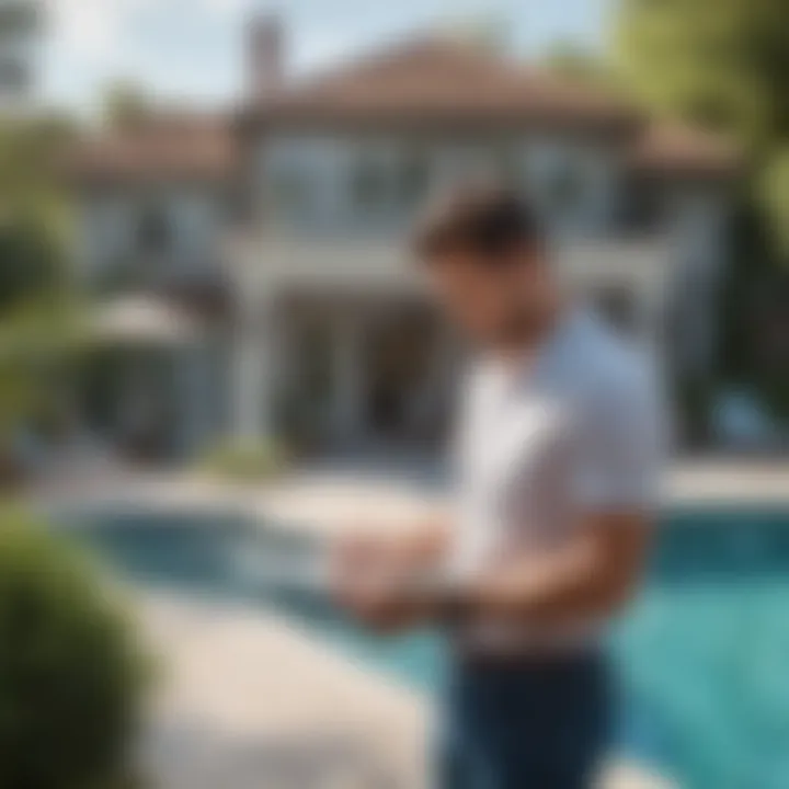 A homeowner reviewing insurance documents by the poolside