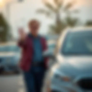 A satisfied car owner waving next to a used car, representing informed financial decisions.