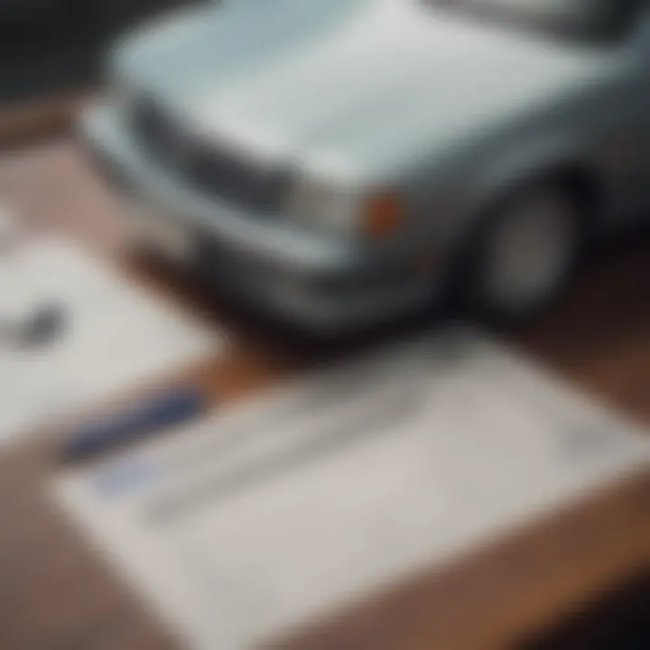 A close-up of a car title and registration documents spread out on a table.