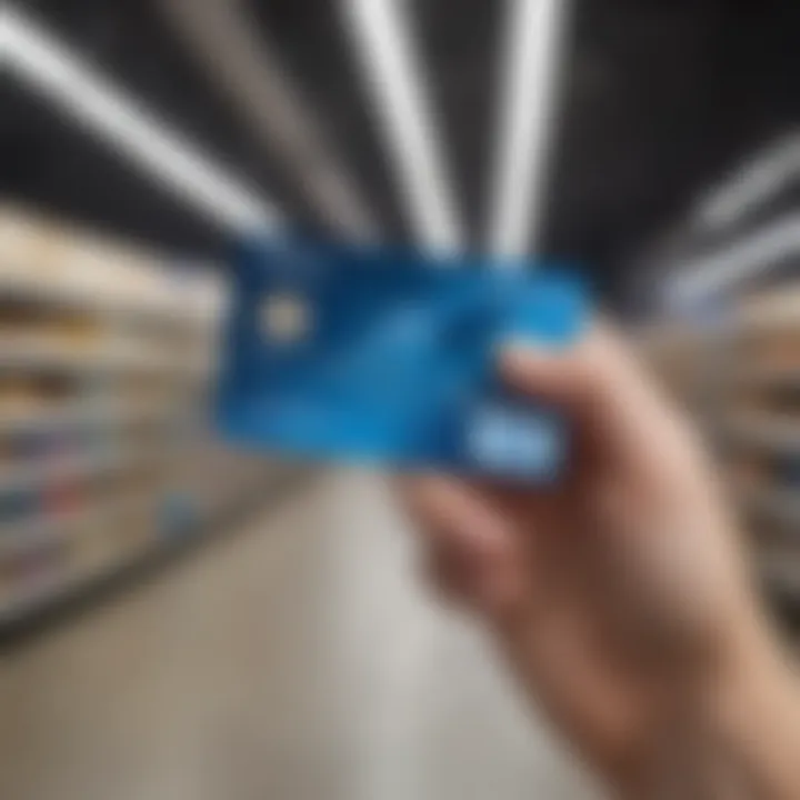 Close-up of a PayPal prepaid card in hand with a Walmart store background