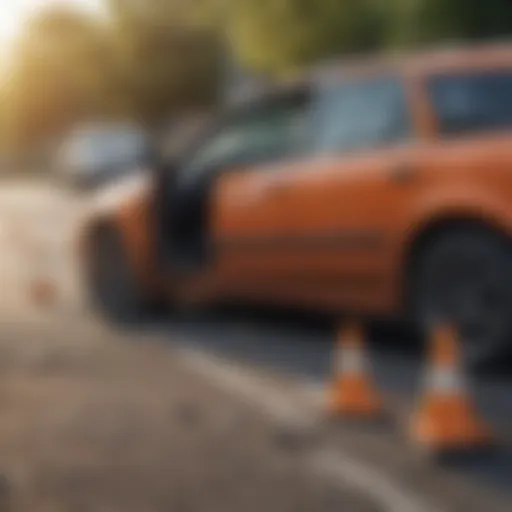 A detailed view of a damaged vehicle with safety cones around it