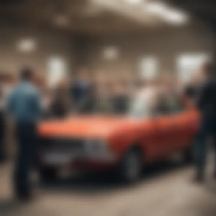 An auction scene with bidders engaging for a used car