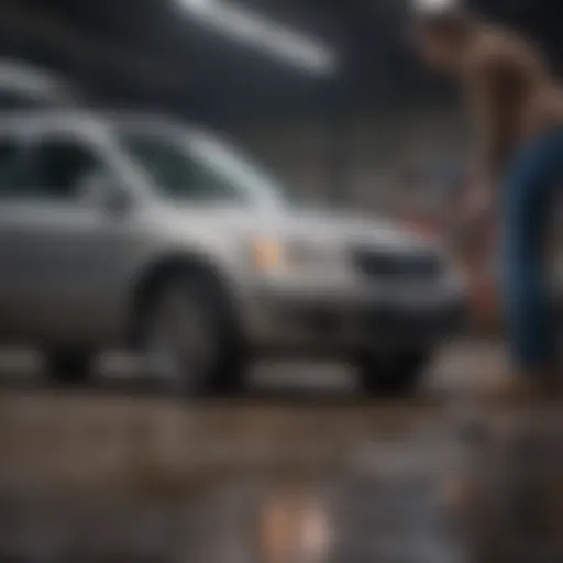 A person examining a used car's exterior and interior features